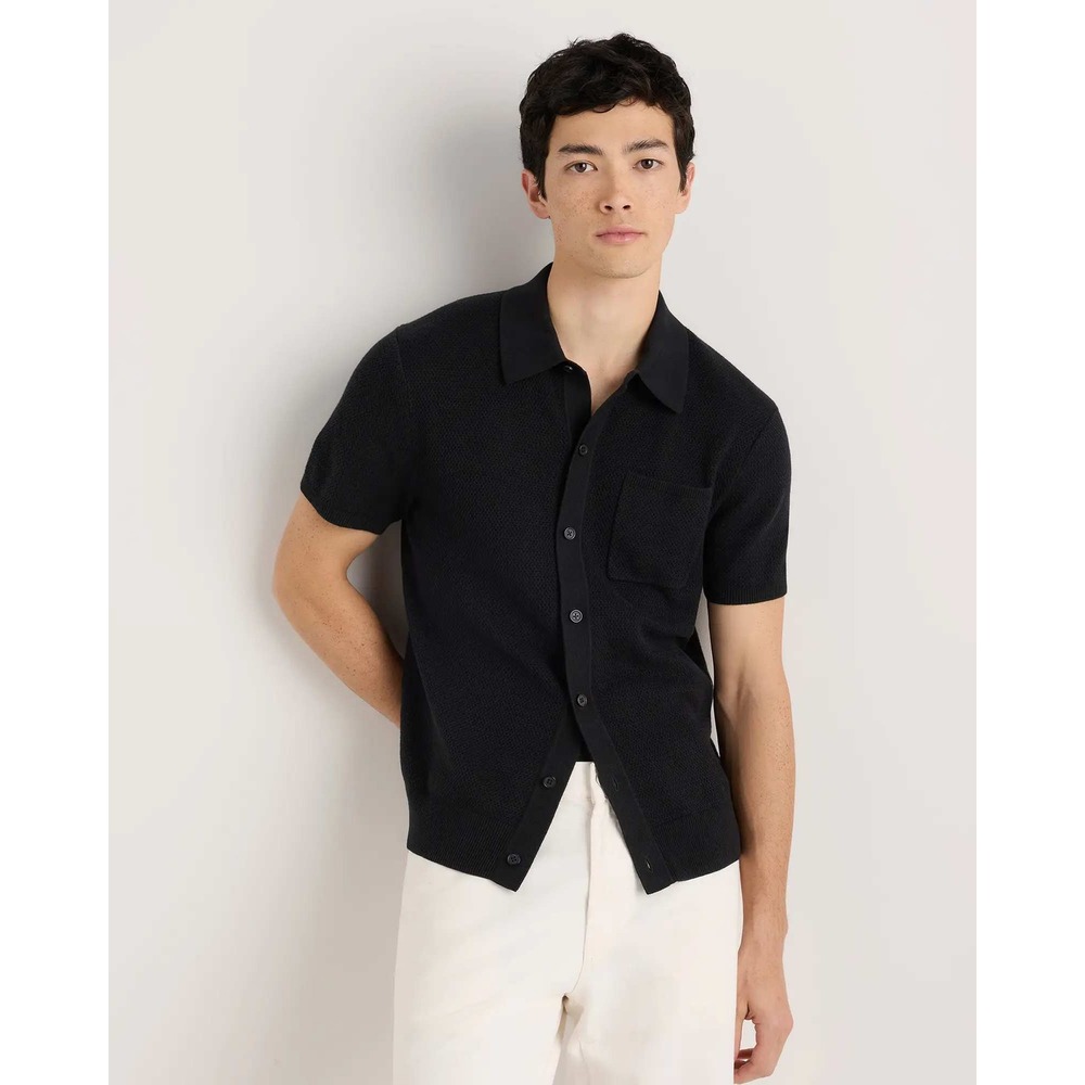 Quince Organic Cotton Mesh Stitch Button-Up Sweater Polo Black Large NWT